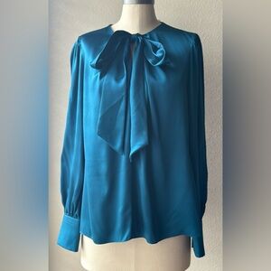 Elie Tahari Teal Tie-Neck 100% Silk Blouse